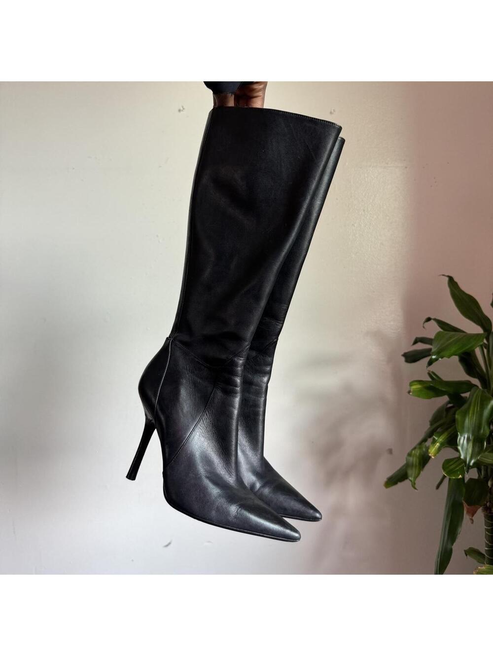 Y2k Guess Black Leather Pointed Toe Knee High Boots US 6
